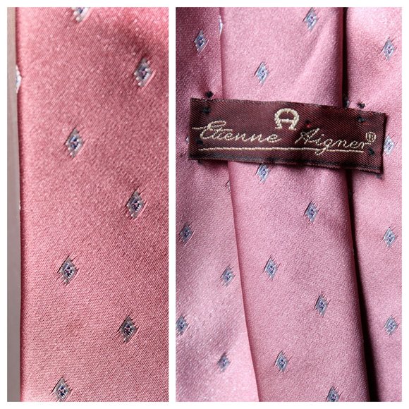 Vintage Etienne Aigner Cranberry Pink Blue & White Embroidered Diamond Silk Tie - Picture 5 of 10